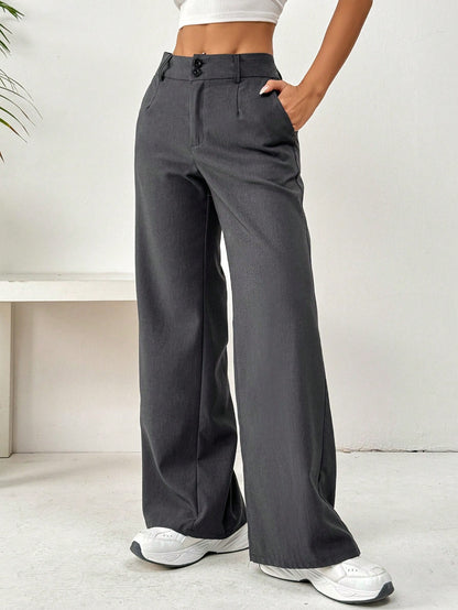 Flirla Front Button Zipper Side Pocket Long Pants Fall Cloth For Women