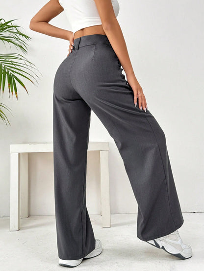 Flirla Front Button Zipper Side Pocket Long Pants Fall Cloth For Women