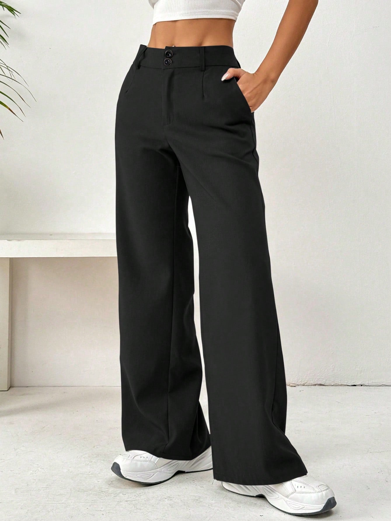 Flirla Front Button Zipper Side Pocket Long Pants Fall Cloth For Women