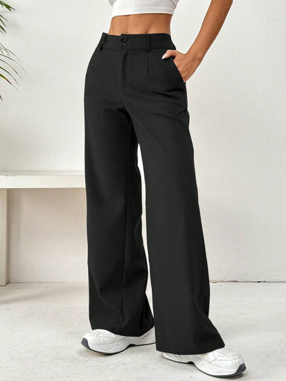 Flirla Front Button Zipper Side Pocket Long Pants Fall Cloth For Women