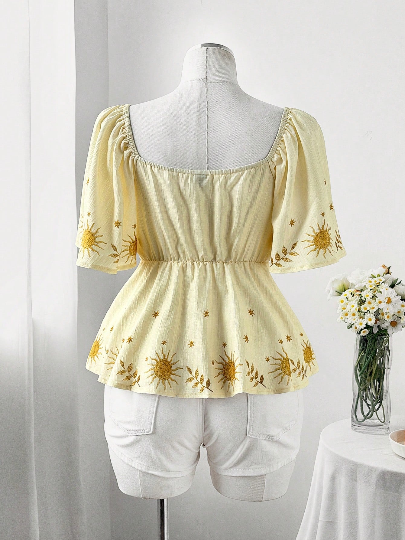 Flirla Plus Size Vacation Style Placement Print Ruffle Sleeve Shirt