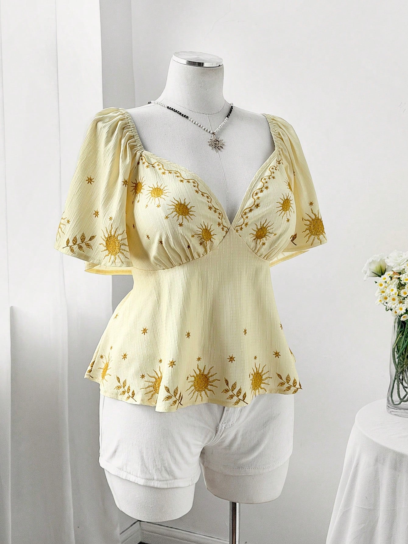 Flirla Plus Size Vacation Style Placement Print Ruffle Sleeve Shirt