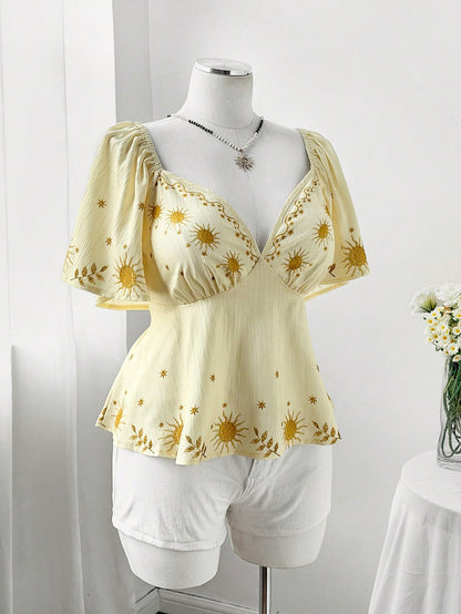 Flirla Plus Size Vacation Style Placement Print Ruffle Sleeve Shirt