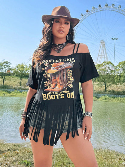 Flirla Plus Size Women Festival, Boho, Hippie, Cowgirl Cold Shoulder Tassel Printed Loose Casual Music Festival Vacation T-Shirt