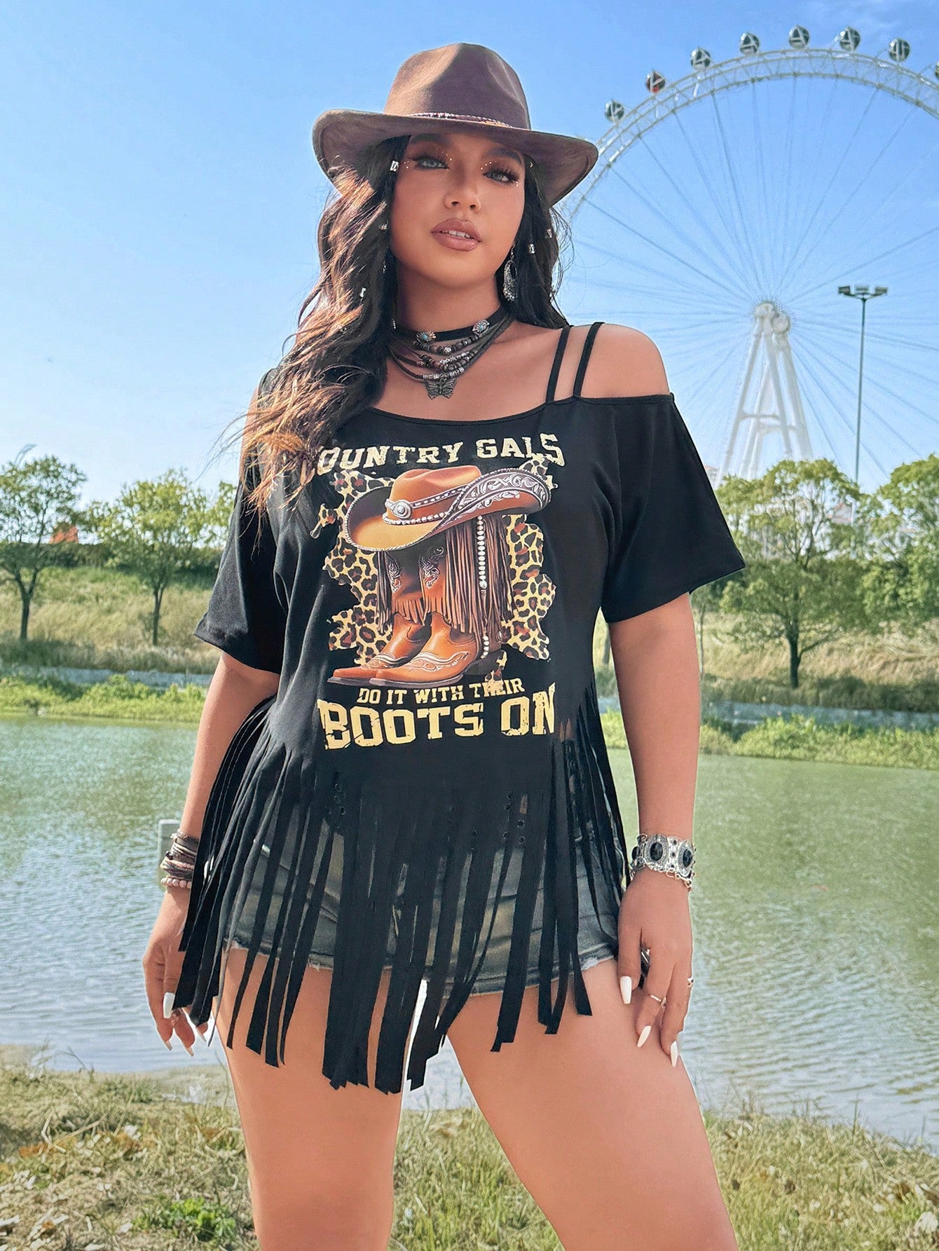 Flirla Plus Size Women Festival, Boho, Hippie, Cowgirl Cold Shoulder Tassel Printed Loose Casual Music Festival Vacation T-Shirt