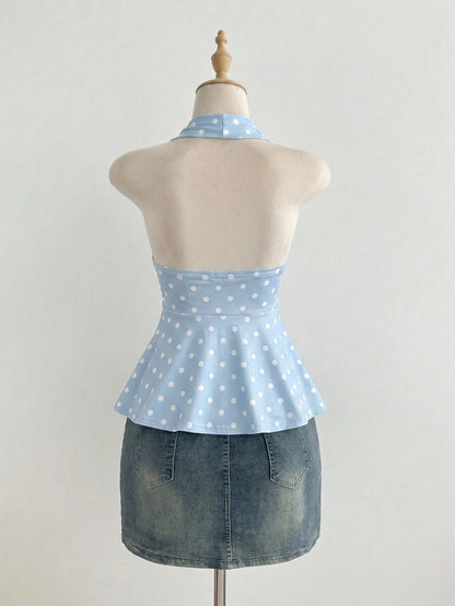 Flirla Women's Minimalist Polka Dot Metal Decor Halter Neck Tank Top, Summer