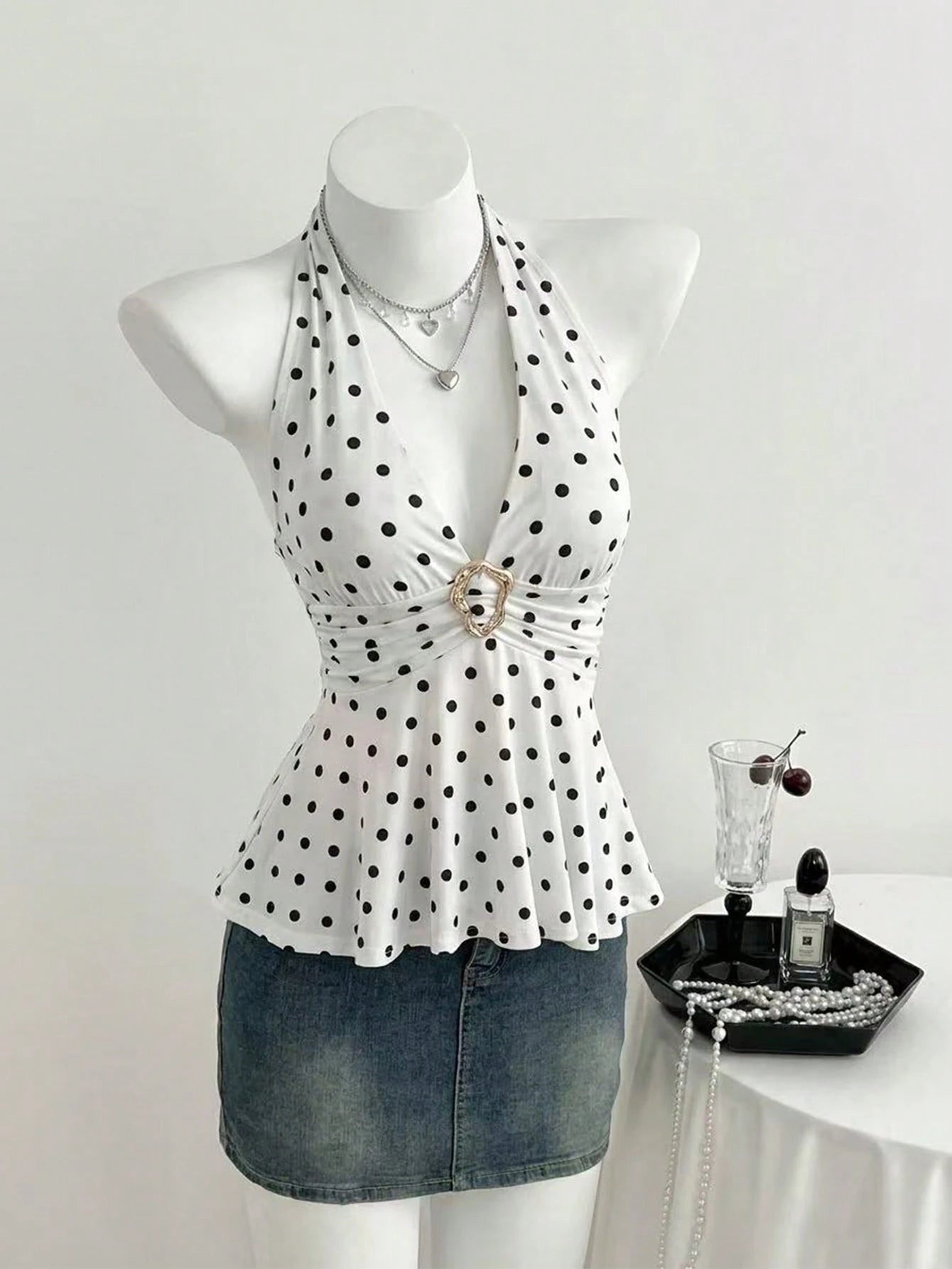 Flirla Women's Minimalist Polka Dot Metal Decor Halter Neck Tank Top, Summer