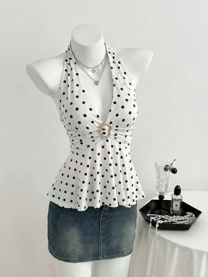 Flirla Women's Minimalist Polka Dot Metal Decor Halter Neck Tank Top, Summer
