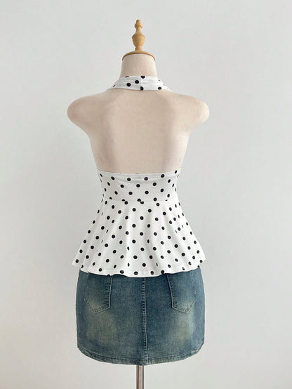Flirla Women's Minimalist Polka Dot Metal Decor Halter Neck Tank Top, Summer
