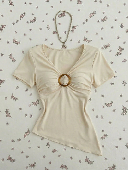 Flirla Women's Sexy V-Neck Short Sleeve Cropped Top With Front Ring Decor, Knit Cream Yellow/Lemon Yellow, Suitable For Spring, Summer, Autumn