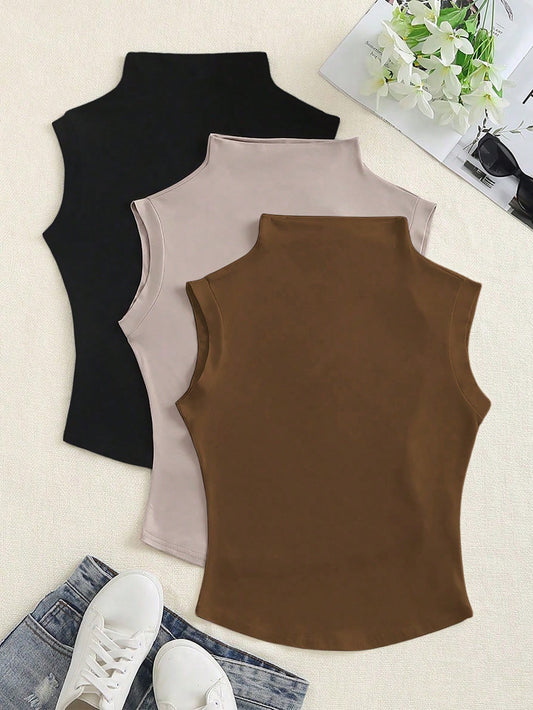 Flirla Women Stand Collar Short Sleeve Casual Tank Top