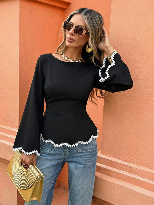 Flora Isola Flora Isola 1pc Women Summer Black White Checkered Autumn Elegant Brunch Wavy Heart Ribbon Trim Gathered Waist Ruffle Lace Peplum Top Classy Bell Sleeve Blouse