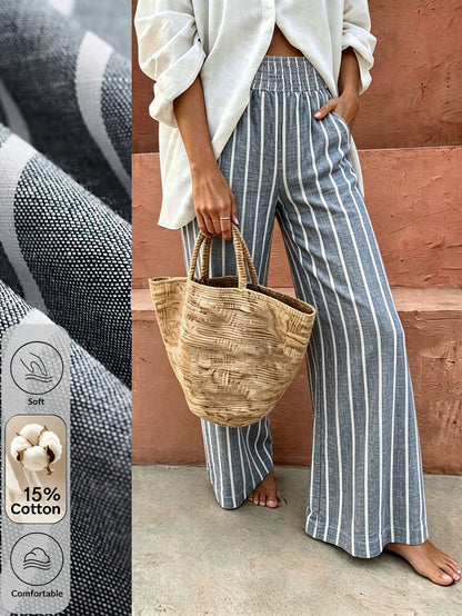 Flora Isola Flora Isola Standard Size Women's Waist Knot Design Blue White Stripe Fabric Pocket Casual Vacation Pants Vacation Autumn