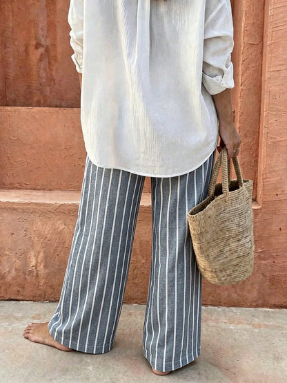 Flora Isola Flora Isola Standard Size Women's Waist Knot Design Blue White Stripe Fabric Pocket Casual Vacation Pants Vacation Autumn