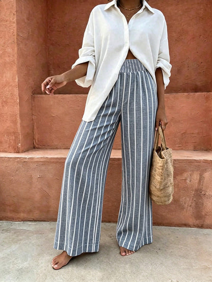 Flora Isola Flora Isola Standard Size Women's Waist Knot Design Blue White Stripe Fabric Pocket Casual Vacation Pants Vacation Autumn