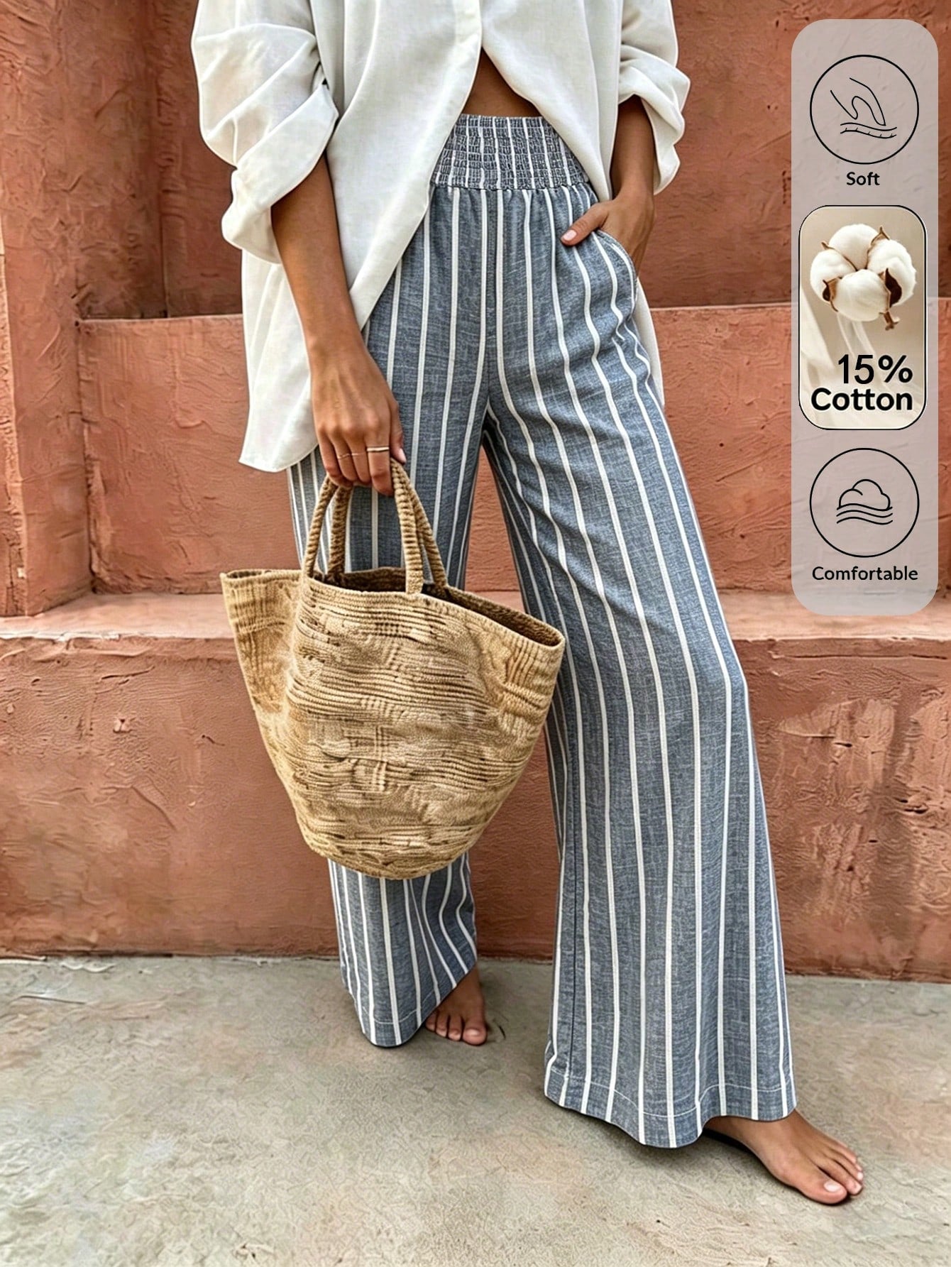 Flora Isola Flora Isola Standard Size Women's Waist Knot Design Blue White Stripe Fabric Pocket Casual Vacation Pants Vacation Autumn