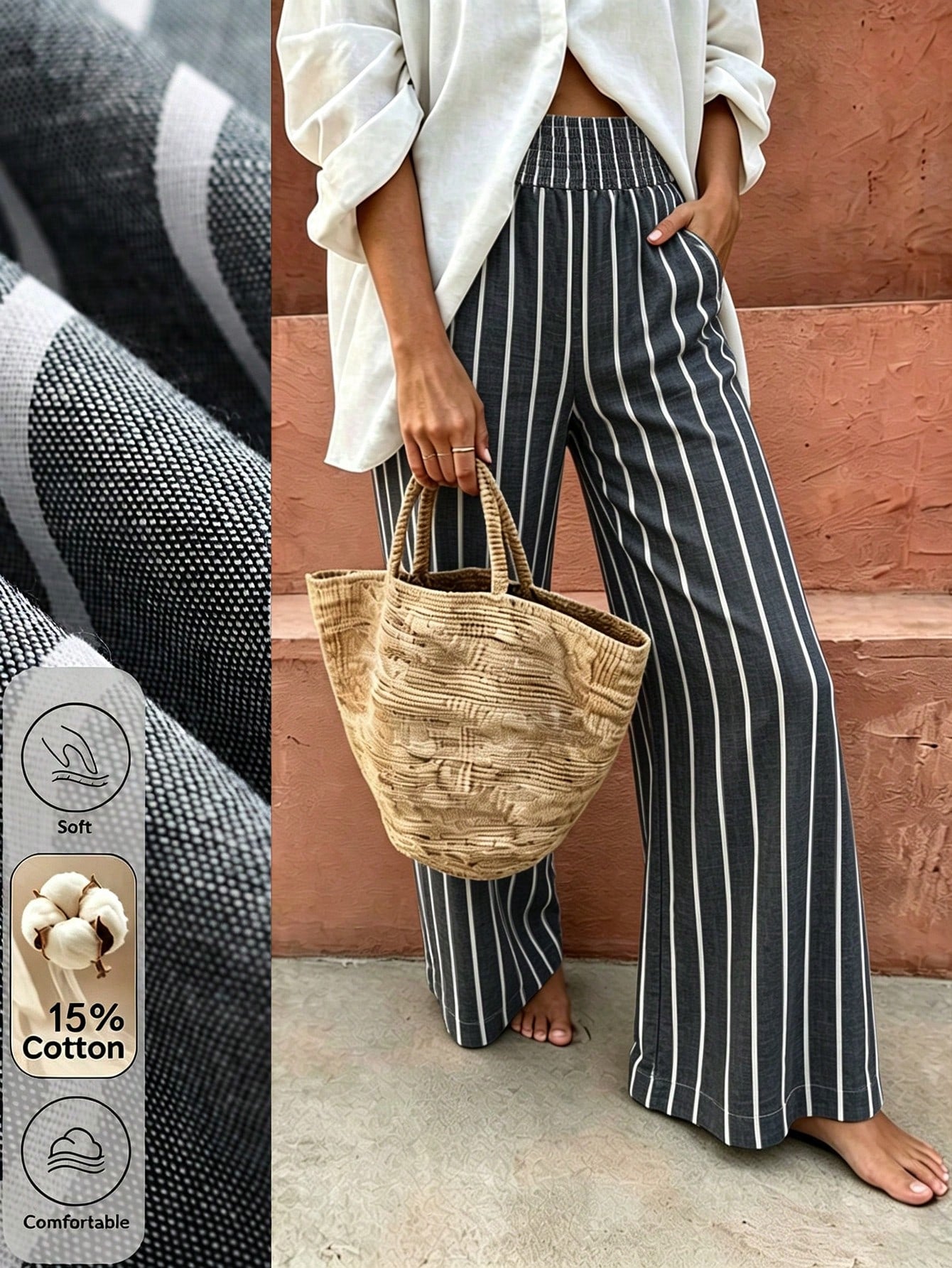 Flora Isola Flora Isola Standard Size Women's Waist Knot Design Blue White Stripe Fabric Pocket Casual Vacation Pants Vacation Autumn
