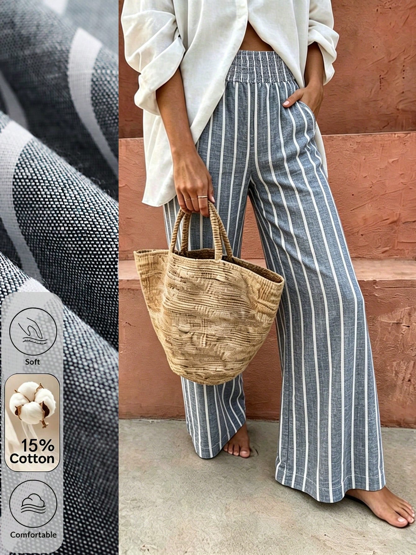 Flora Isola Flora Isola Standard Size Women's Waist Knot Design Blue White Stripe Fabric Pocket Casual Vacation Pants Vacation Autumn