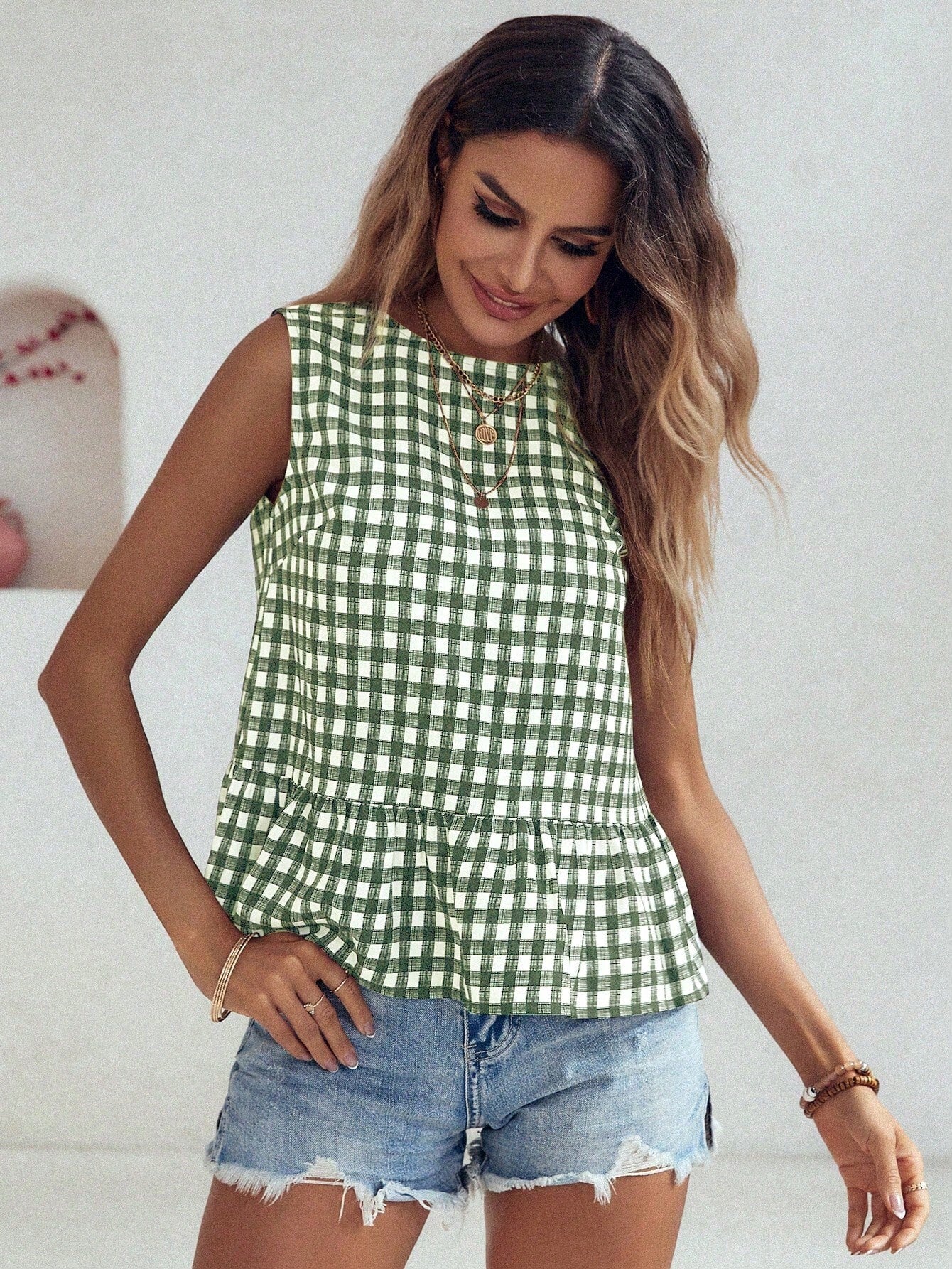 Flora Isola Flora Isola Women's Checkered Ruffle Hem Sleeveless Blouse Peplum Top