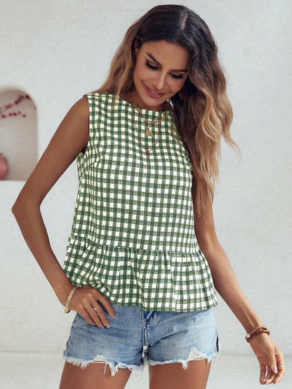 Flora Isola Flora Isola Women's Checkered Ruffle Hem Sleeveless Blouse Peplum Top
