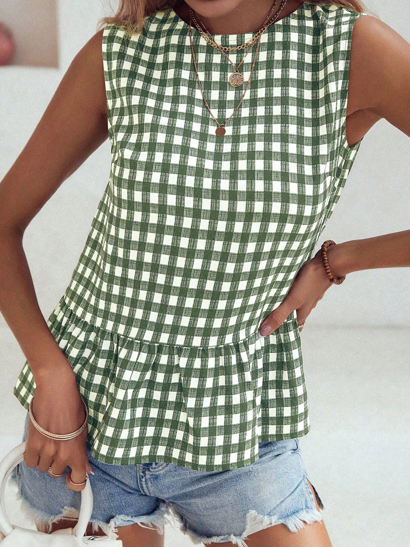 Flora Isola Flora Isola Women's Checkered Ruffle Hem Sleeveless Blouse Peplum Top