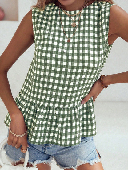 Flora Isola Flora Isola Women's Checkered Ruffle Hem Sleeveless Blouse Peplum Top