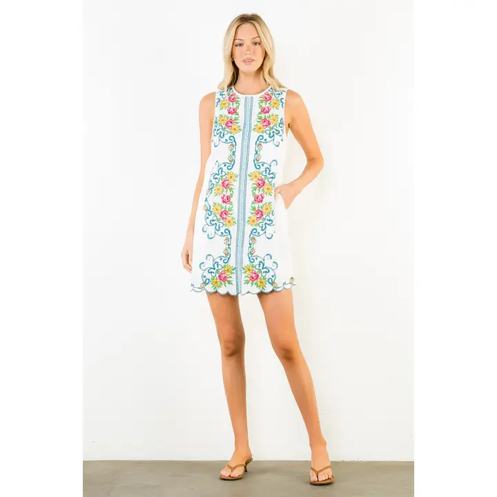 Floral Embroidered Sleeveless Dress White