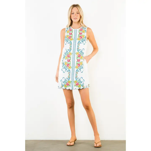 Floral Embroidered Sleeveless Dress White