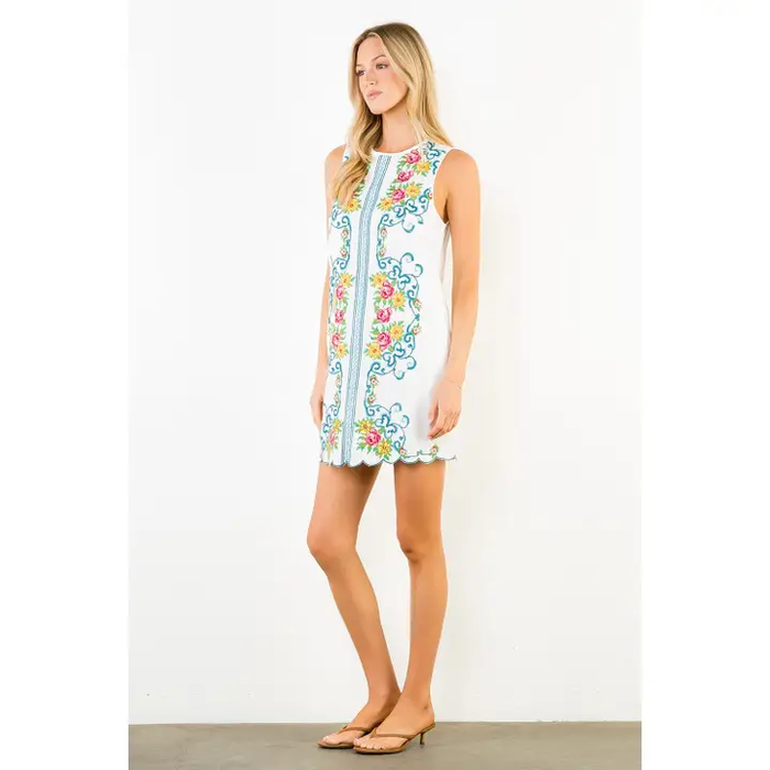 Floral Embroidered Sleeveless Dress White