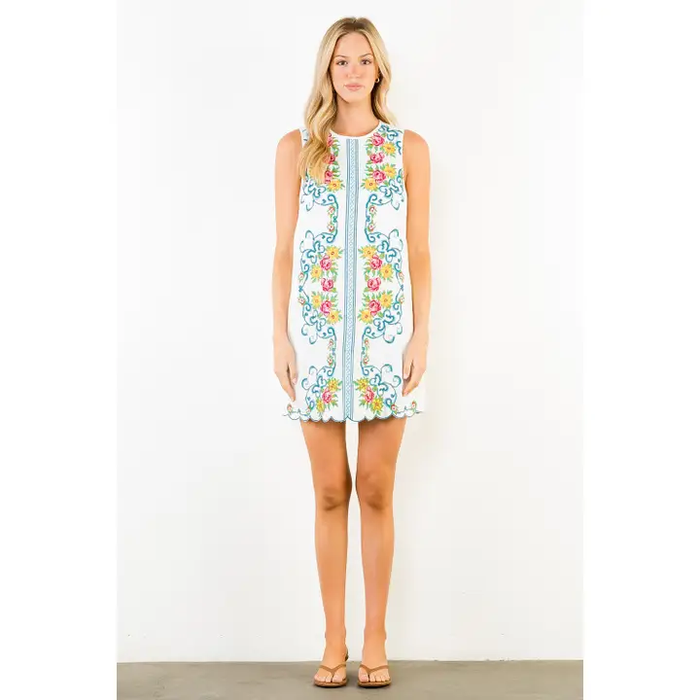 Floral Embroidered Sleeveless Dress White