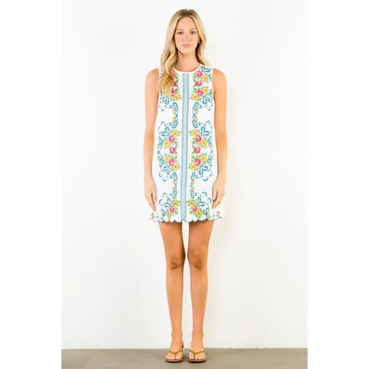 Floral Embroidered Sleeveless Dress White