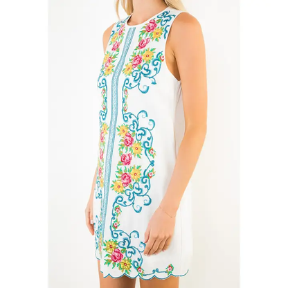 Floral Embroidered Sleeveless Dress White