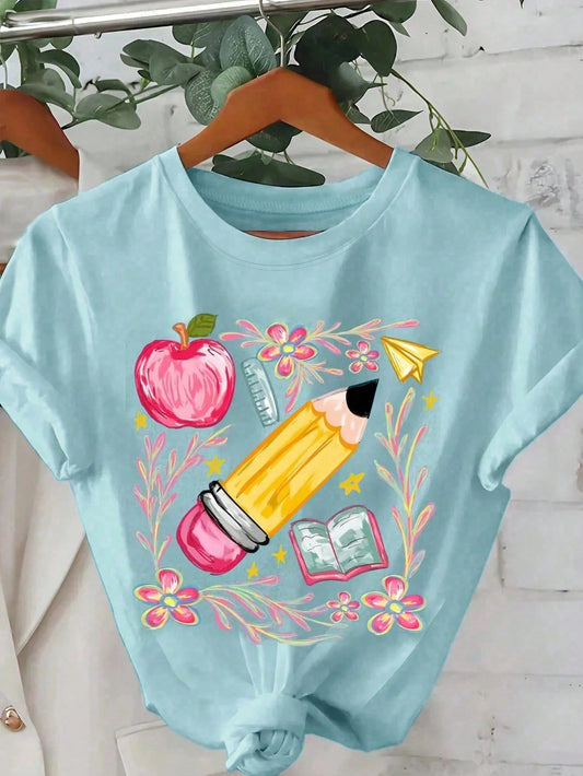 Floral Pattern Teacher Graphic T-Shirt, Cute Teacher Back To School Top, Y2K Style Women's Casual Round Neck Short Sleeve T-Shirt, Women's Autumn Back