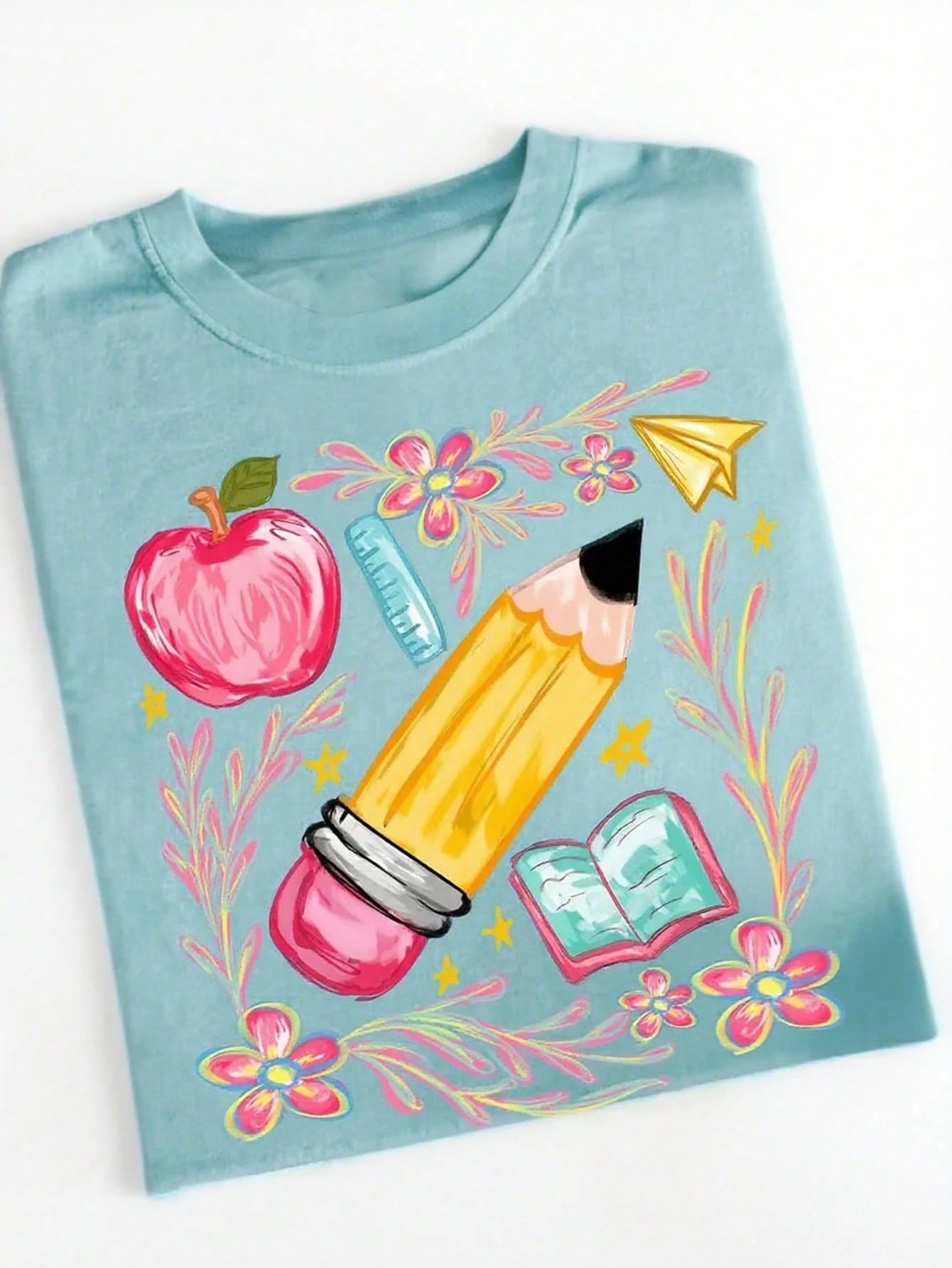 Floral Pattern Teacher Graphic T-Shirt, Cute Teacher Back To School Top, Y2K Style Women's Casual Round Neck Short Sleeve T-Shirt, Women's Autumn Back