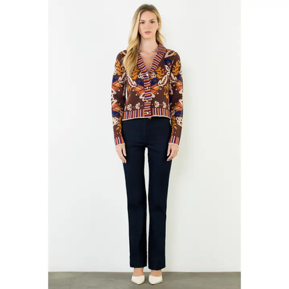Floral V-Neck Brown Cardigan With Gold Buttons