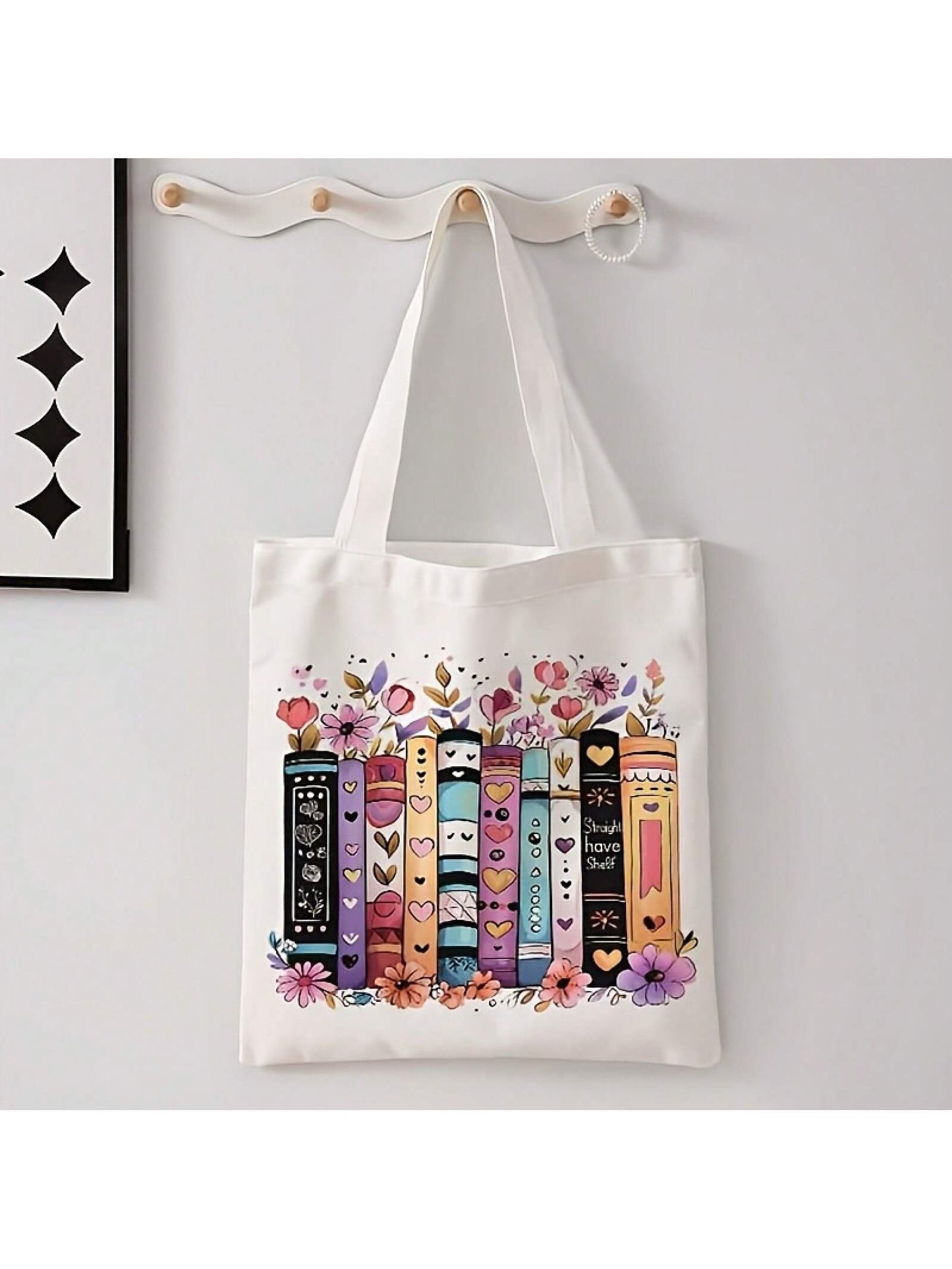 Flower Book Pattern Printed Casual Tote Bag Single Shoulder Shopping Bag Reusable Fashion Backpack Multifunctional Handbag Printed Shopping Bag