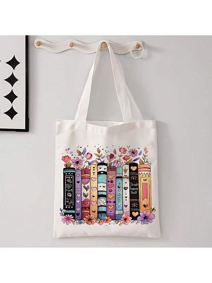 Flower Book Pattern Printed Casual Tote Bag Single Shoulder Shopping Bag Reusable Fashion Backpack Multifunctional Handbag Printed Shopping Bag