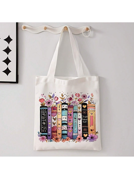 Flower Book Pattern Printed Casual Tote Bag Single Shoulder Shopping Bag Reusable Fashion Backpack Multifunctional Handbag Printed Shopping Bag