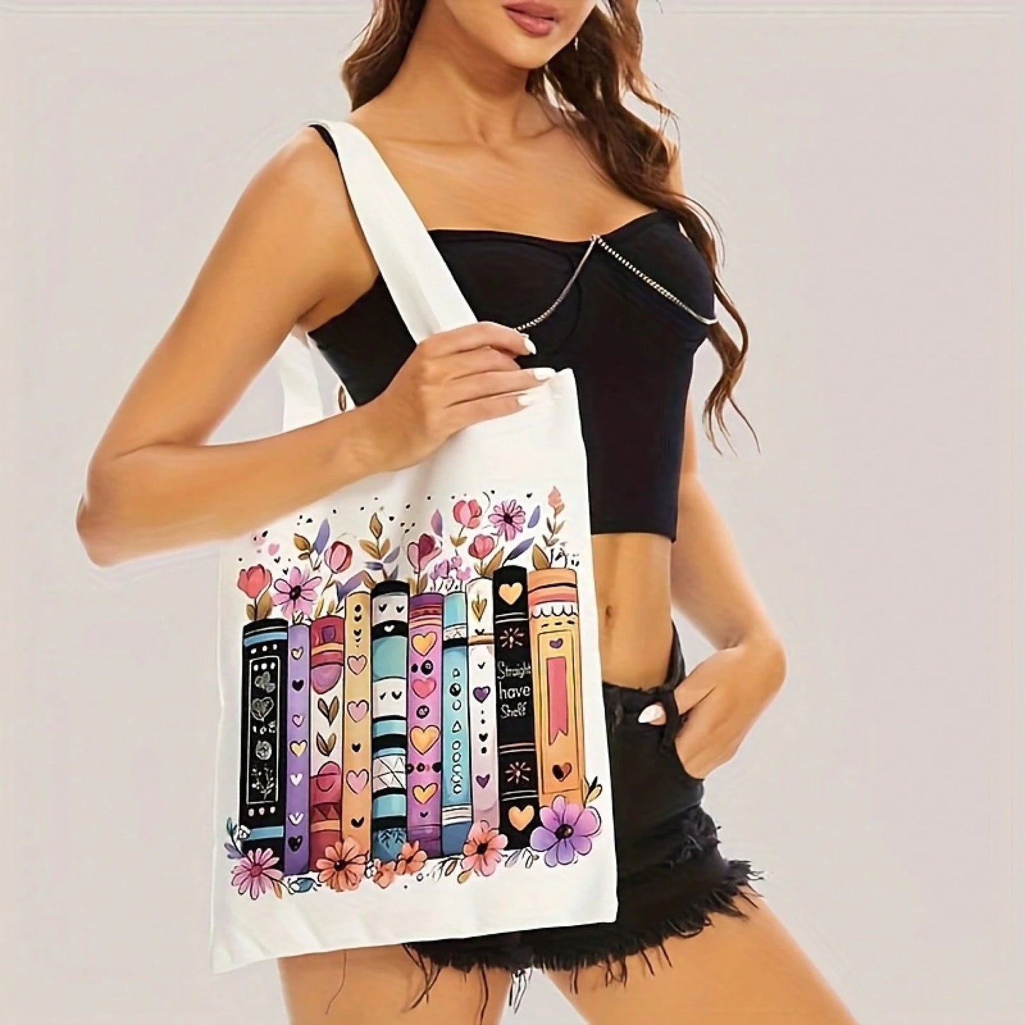 Flower Book Pattern Printed Casual Tote Bag Single Shoulder Shopping Bag Reusable Fashion Backpack Multifunctional Handbag Printed Shopping Bag