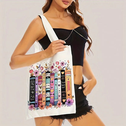 Flower Book Pattern Printed Casual Tote Bag Single Shoulder Shopping Bag Reusable Fashion Backpack Multifunctional Handbag Printed Shopping Bag