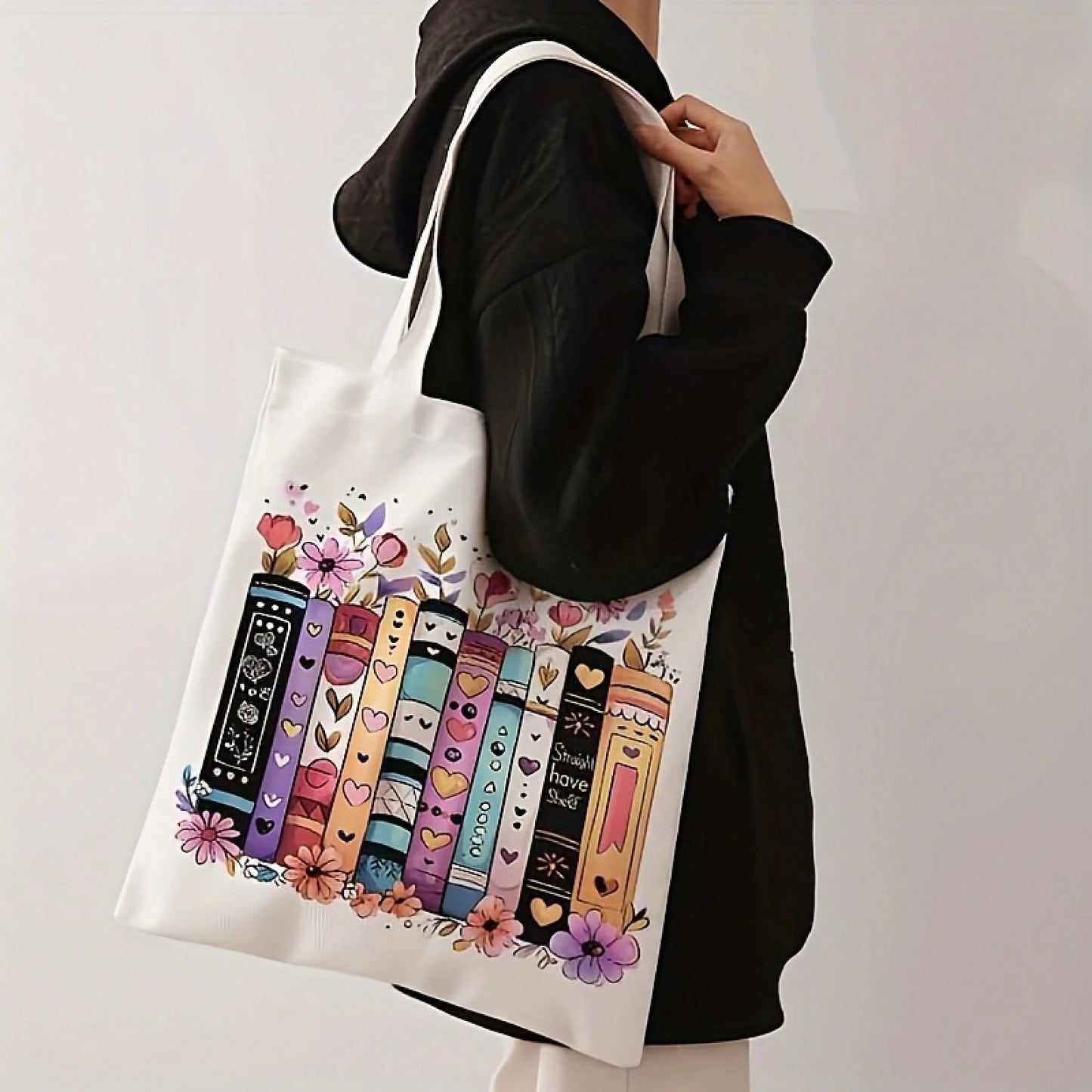 Flower Book Pattern Printed Casual Tote Bag Single Shoulder Shopping Bag Reusable Fashion Backpack Multifunctional Handbag Printed Shopping Bag