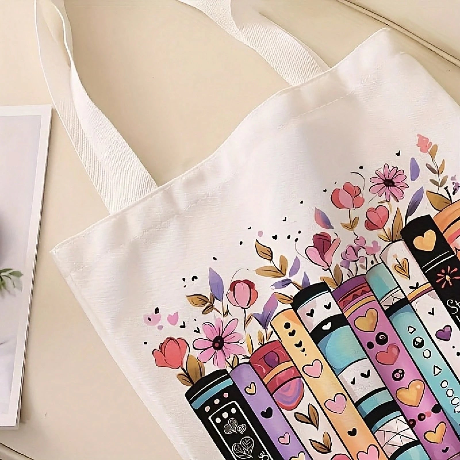 Flower Book Pattern Printed Casual Tote Bag Single Shoulder Shopping Bag Reusable Fashion Backpack Multifunctional Handbag Printed Shopping Bag