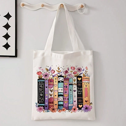 Flower Book Pattern Printed Casual Tote Bag Single Shoulder Shopping Bag Reusable Fashion Backpack Multifunctional Handbag Printed Shopping Bag