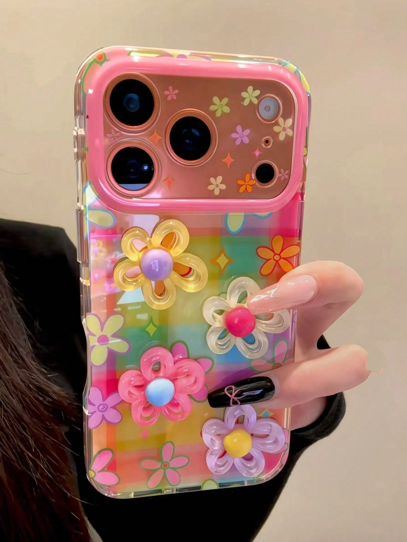 Flower Korean Style Ins Dopamine Colorful Plaid 3D Floral 17 Pro Max Phone Case, Creative Protective Cover Compatible With Apple 15 Pro, 14, 13, 16, 17 Unique Design For Women