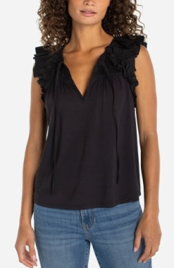 Flutter Sleeve Knit to Woven Top w/ Ties Black