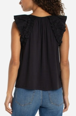 Flutter Sleeve Knit to Woven Top w/ Ties Black