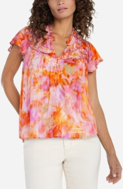 Flutter Sleeve Popover Woven Blouse w/ Ruffle Orange/Pink