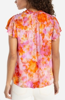 Flutter Sleeve Popover Woven Blouse w/ Ruffle Orange/Pink