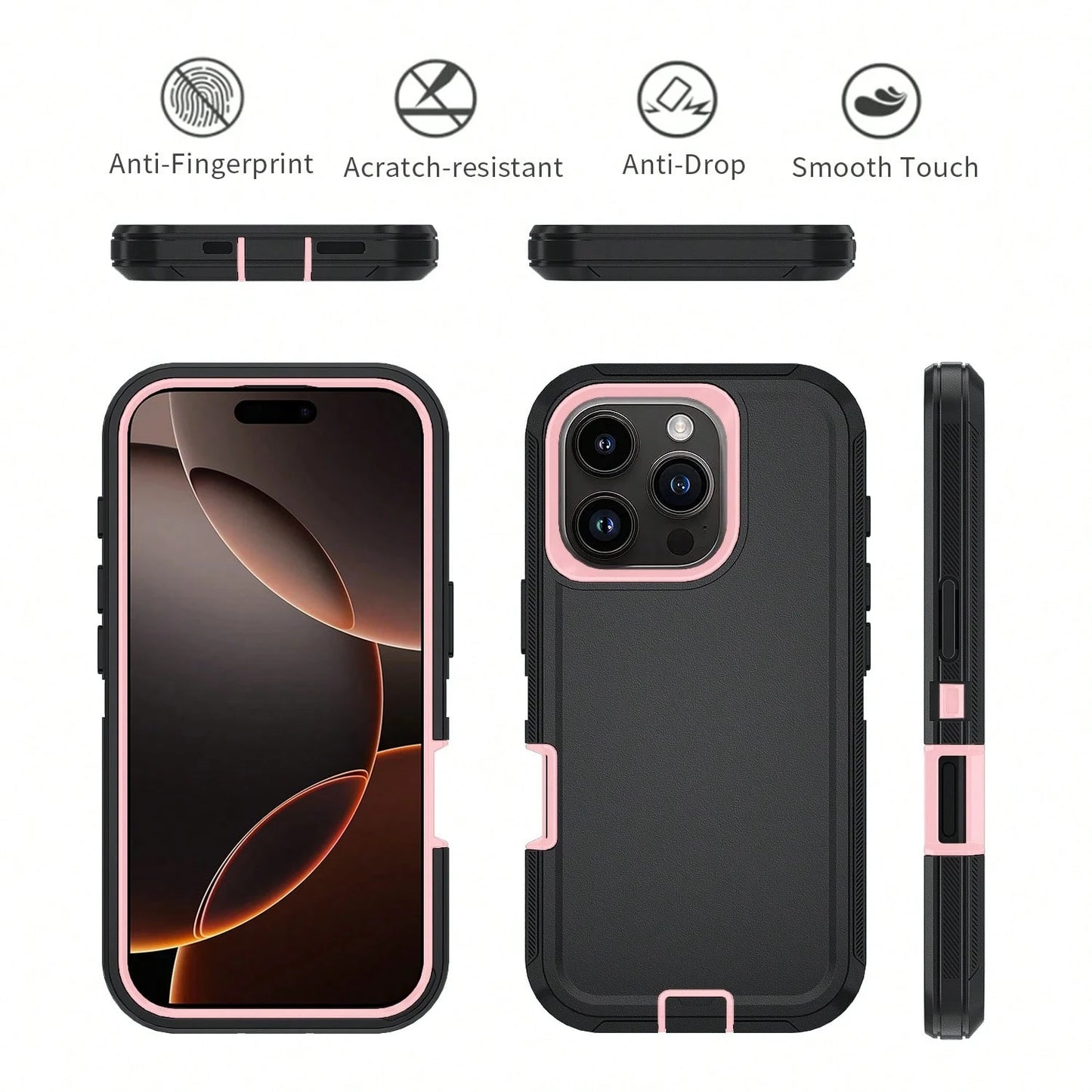 FOGEEK Black Pink Military-Grade Anti-Drop Military-Grade Anti-Drop Shockproof Basic Military Grade Anti-Fall Basic Shock-Proof Drop-Proof Anti-Slip 3-In-1 Heavy Duty Protective Phone Case Compatible
