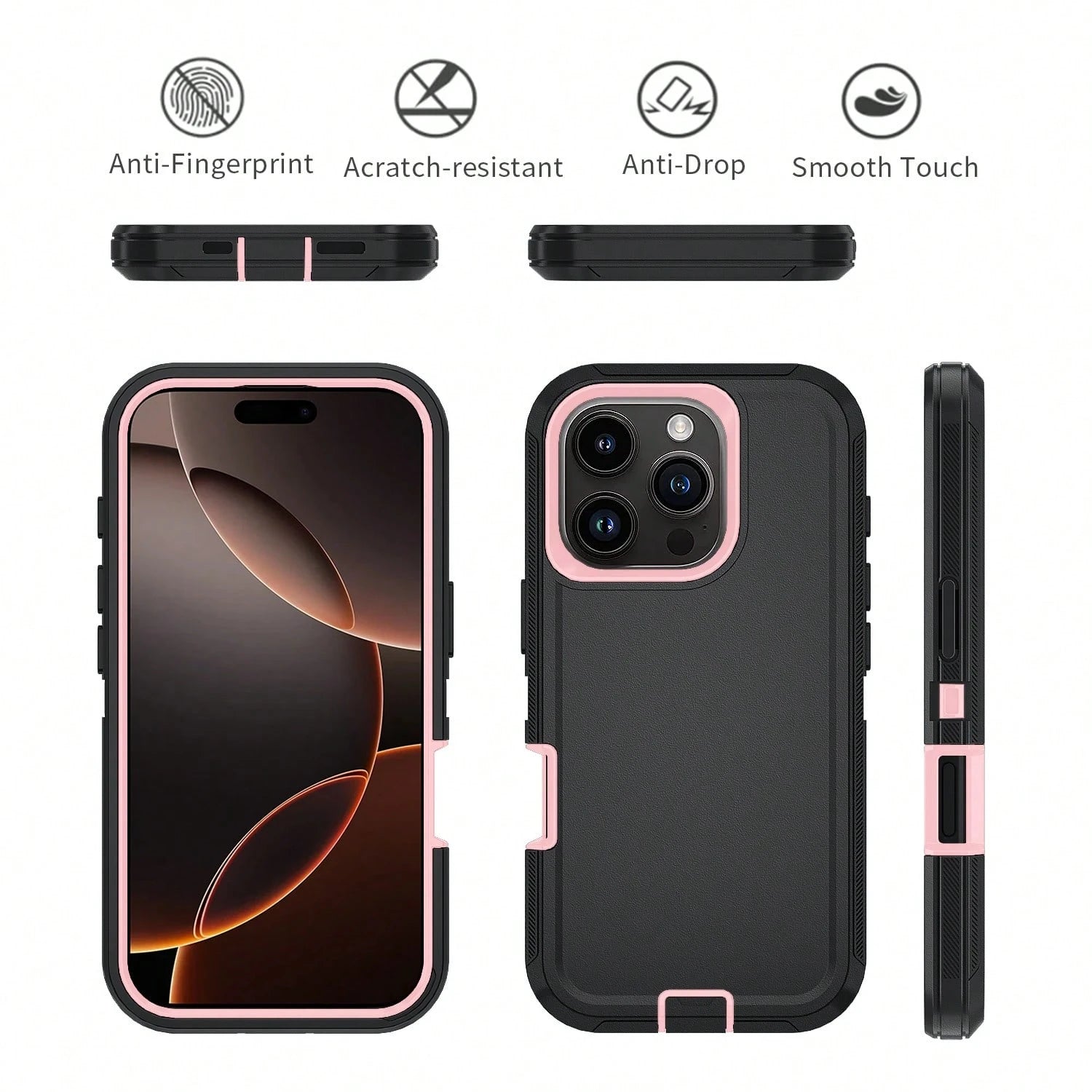 FOGEEK Black Pink Military-Grade Anti-Drop Military-Grade Anti-Drop Shockproof Basic Military Grade Anti-Fall Basic Shock-Proof Drop-Proof Anti-Slip 3-In-1 Heavy Duty Protective Phone Case Compatible
